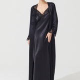 DIAMOND SILK LONG CHEMISE VE ROBE BLACK