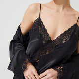 DIAMOND SILK LONG CHEMISE VE ROBE BLACK