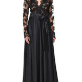 VAMPY SILK LACE EMBROIDERED LONG ROBE BLACK