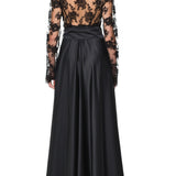 VAMPY SILK LACE EMBROIDERED LONG ROBE BLACK